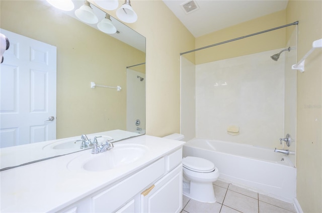 full bathroom with tile patterned floors, vanity, toilet, and washtub / shower combination