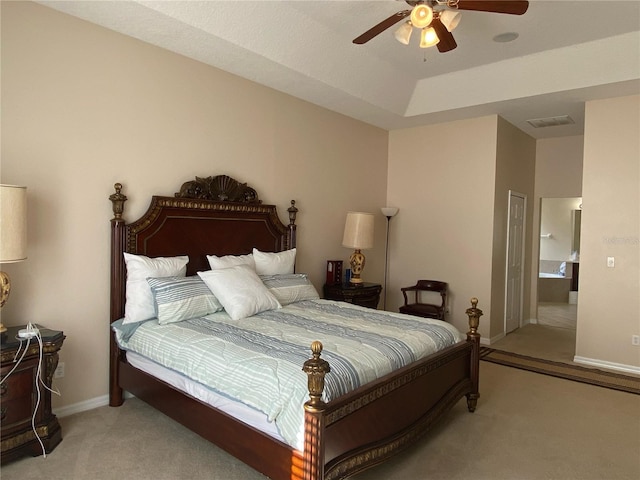 bedroom with light colored carpet and ceiling fan