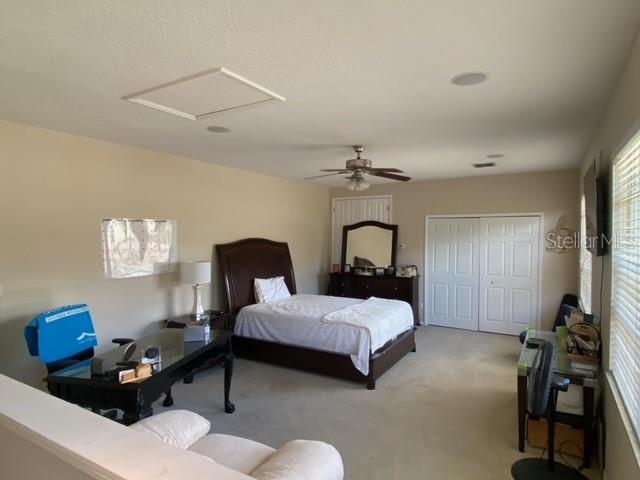 bedroom with ceiling fan, a closet, and light carpet