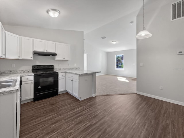 kitchen featuring white cabinets, hanging light fixtures, vaulted ceiling, black electric range, and dark hardwood / wood-style floors