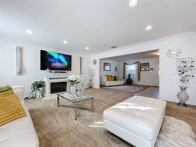 living room featuring light carpet, a textured ceiling, and ornamental molding