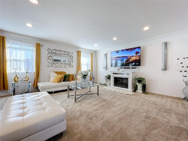 living room featuring a textured ceiling, light colored carpet, and crown molding