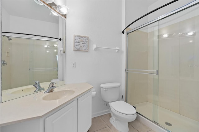 bathroom with tile patterned flooring, vanity, toilet, and a shower with door