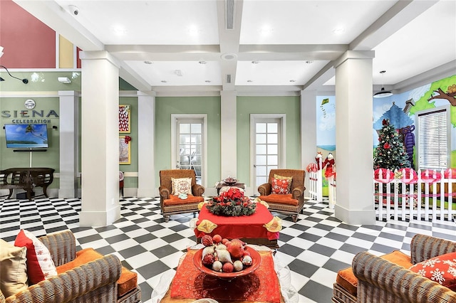 recreation room featuring beam ceiling, decorative columns, and coffered ceiling