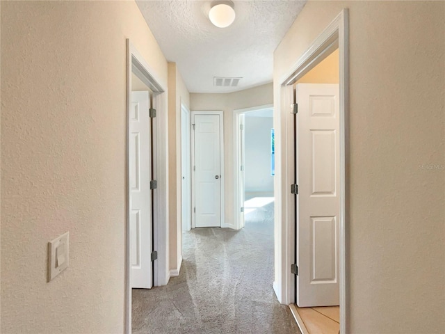 hallway featuring light carpet and a textured ceiling