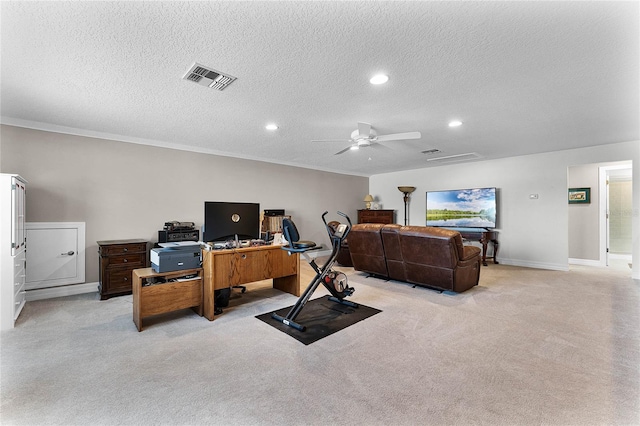 exercise room featuring a ceiling fan, recessed lighting, visible vents, and light carpet