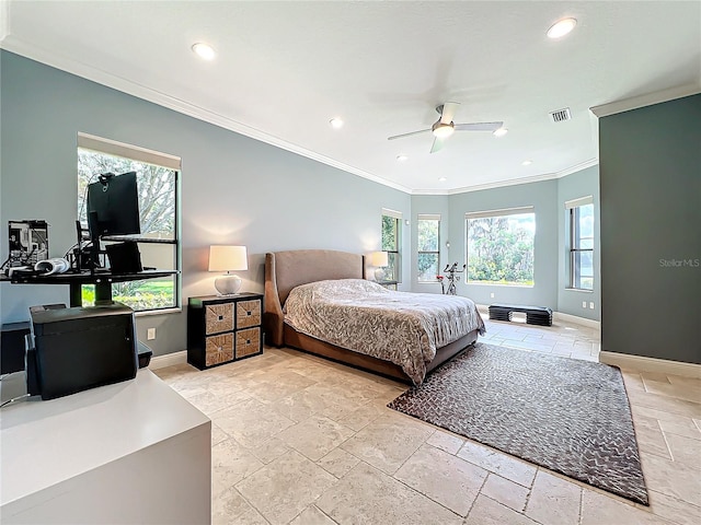 bedroom with ceiling fan and crown molding