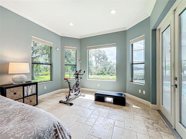 bedroom featuring ornamental molding, access to outside, and multiple windows