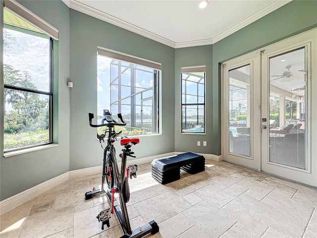 exercise area with french doors and crown molding