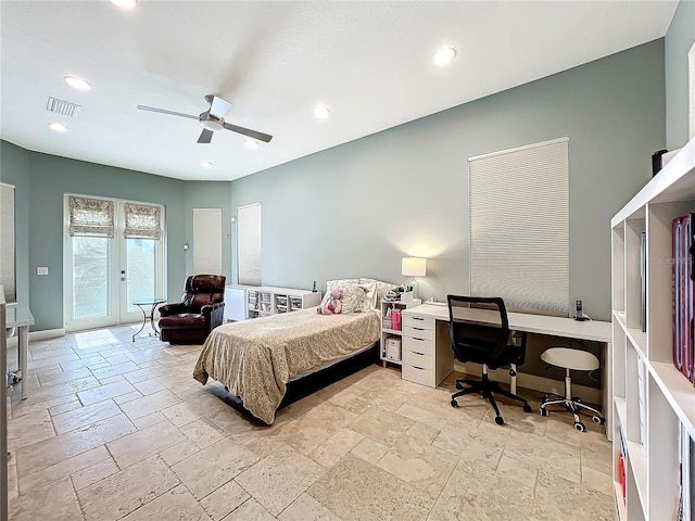 bedroom with french doors, access to outside, and ceiling fan