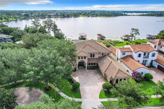 drone / aerial view featuring a water view