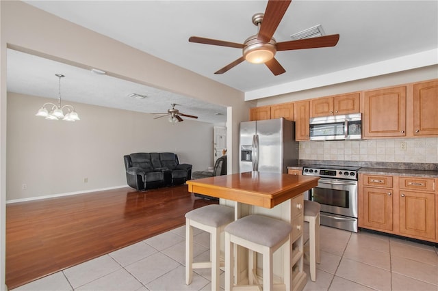 kitchen featuring ceiling fan with notable chandelier, hanging light fixtures, decorative backsplash, appliances with stainless steel finishes, and light hardwood / wood-style floors