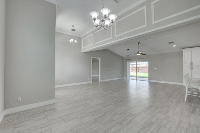 unfurnished living room featuring lofted ceiling, crown molding, and ceiling fan with notable chandelier