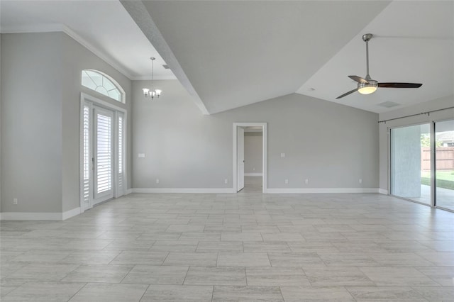 unfurnished room featuring ceiling fan with notable chandelier and lofted ceiling