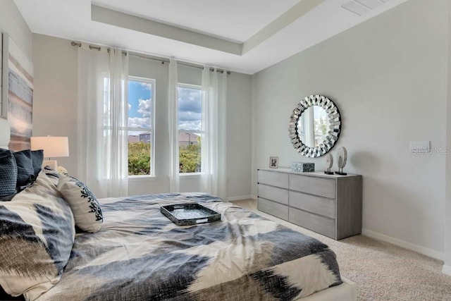 carpeted bedroom with a tray ceiling