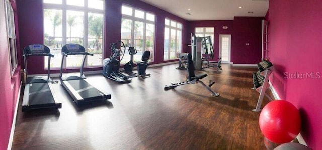 workout area with hardwood / wood-style flooring