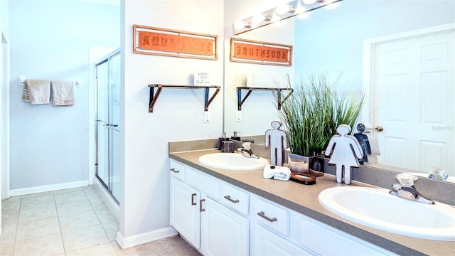 bathroom with tile patterned floors, vanity, and a shower with shower door