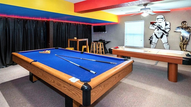 rec room with ceiling fan, carpet floors, and pool table