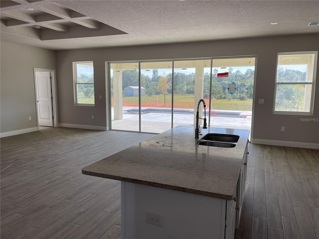 kitchen featuring light stone countertops, a kitchen island with sink, sink, and a textured ceiling