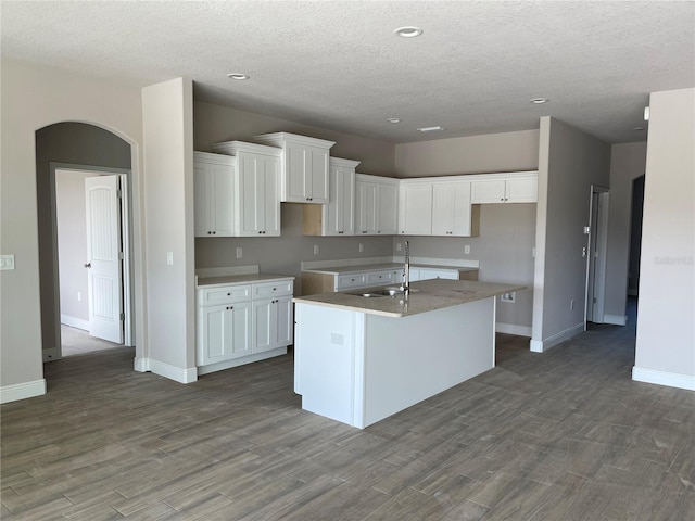 kitchen with white cabinetry, an island with sink, wood-type flooring, and sink