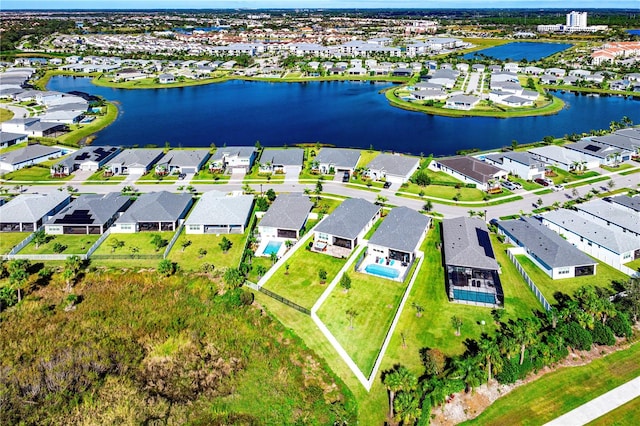 aerial view featuring a water view