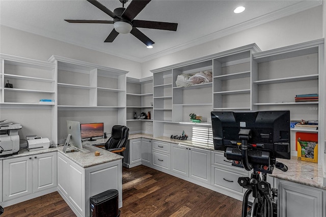 home office featuring dark hardwood / wood-style flooring, ceiling fan, and crown molding