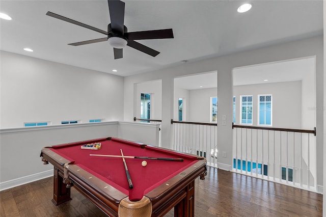 recreation room featuring ceiling fan, dark wood-type flooring, and pool table