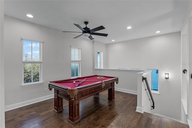 rec room featuring recessed lighting, billiards, baseboards, and wood finished floors