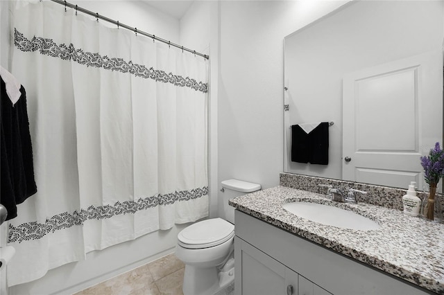 full bathroom featuring toilet, vanity, tile patterned floors, and shower / bath combo with shower curtain