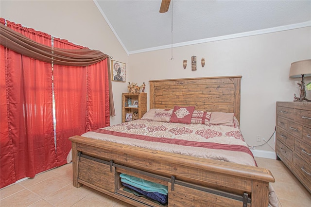 tiled bedroom with vaulted ceiling, ceiling fan, and crown molding