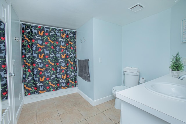 full bathroom with tile patterned flooring, vanity, toilet, and shower / tub combo with curtain