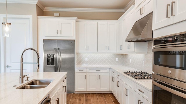 kitchen featuring sink, white cabinets, stainless steel appliances, and ventilation hood