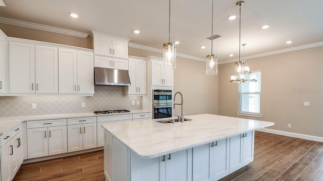 kitchen with white cabinets, light stone counters, an island with sink, and dark wood-type flooring