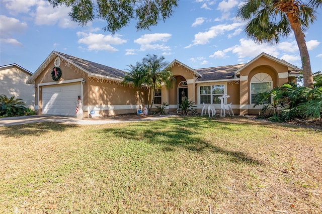 ranch-style home with a front yard and a garage