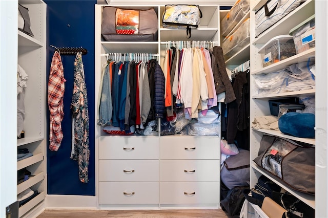 walk in closet with light hardwood / wood-style flooring