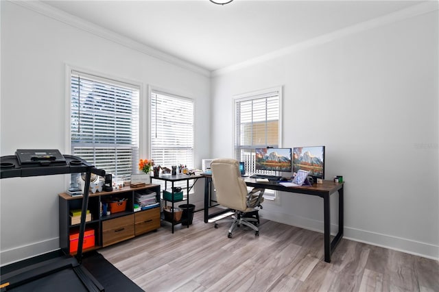 office featuring light hardwood / wood-style floors and crown molding