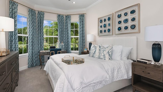 bedroom featuring multiple windows, light colored carpet, and ornamental molding