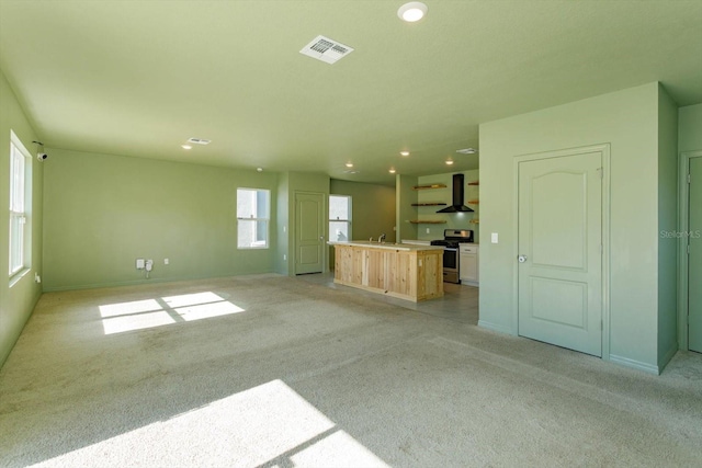 unfurnished living room featuring light colored carpet and sink