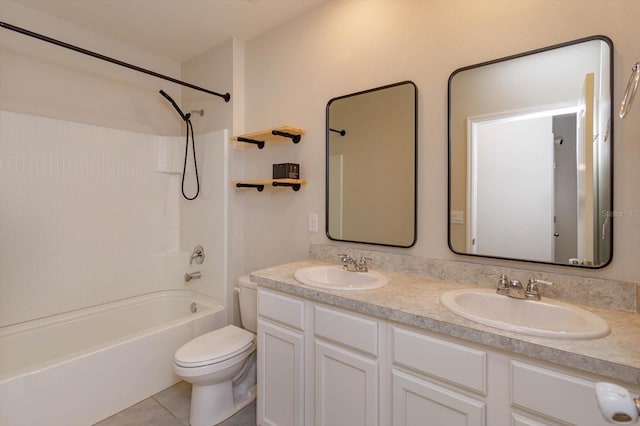 full bathroom with tile patterned flooring, vanity, toilet, and washtub / shower combination