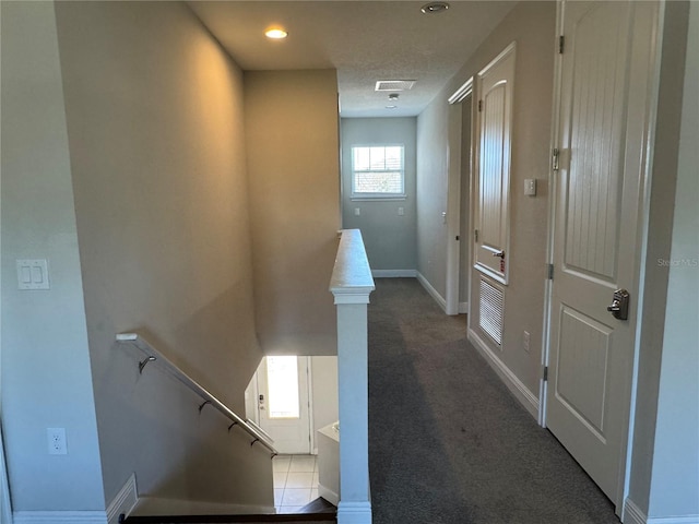 stairway with carpet flooring and a healthy amount of sunlight