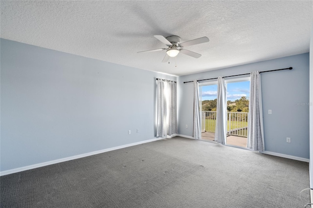 unfurnished room with ceiling fan, carpet floors, and a textured ceiling