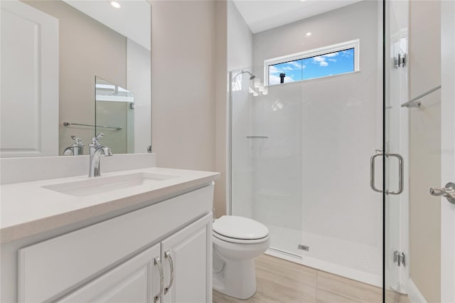 bathroom with vanity, toilet, and a shower with door