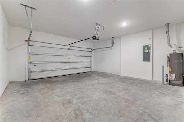 garage featuring electric panel, water heater, and a garage door opener