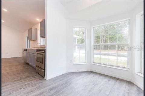 kitchen featuring stainless steel range, light hardwood / wood-style flooring, a wealth of natural light, and lofted ceiling