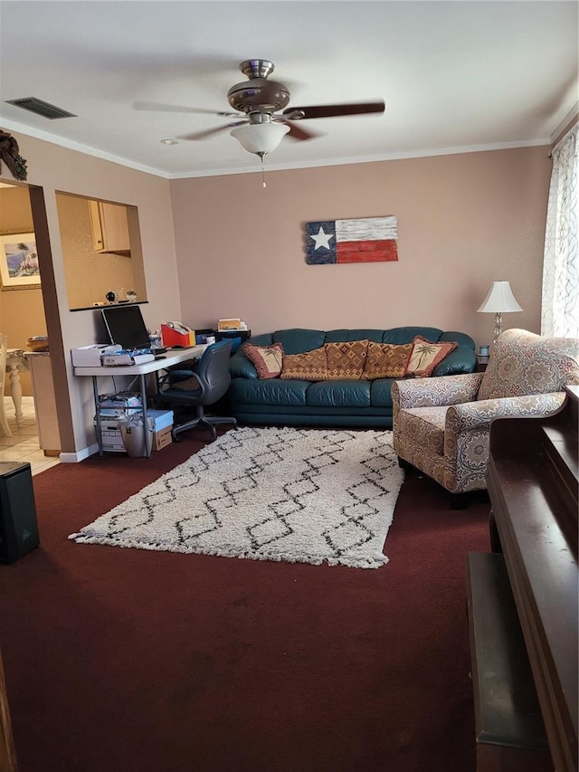 living room featuring ceiling fan, crown molding, and dark colored carpet