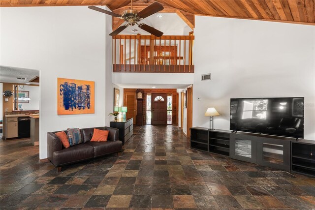 living room featuring beam ceiling, ceiling fan, high vaulted ceiling, and wood ceiling