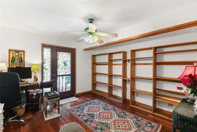 office with ceiling fan, french doors, and dark hardwood / wood-style floors