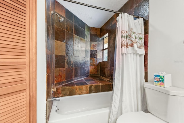 bathroom featuring toilet and shower / tub combo with curtain