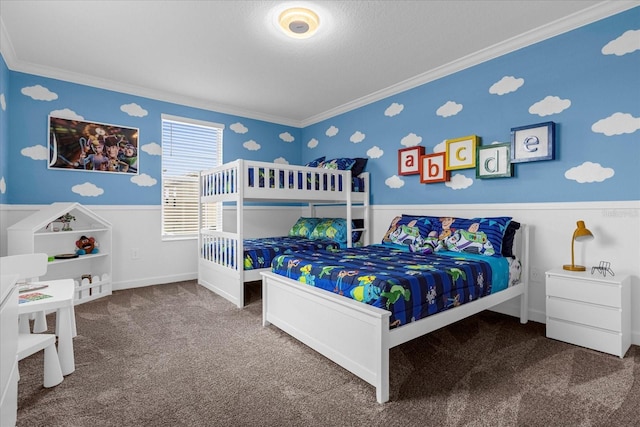 carpeted bedroom featuring ornamental molding