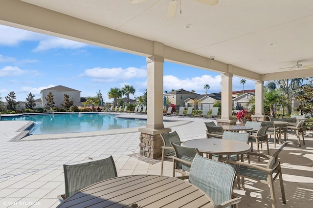 view of pool featuring ceiling fan and a patio area